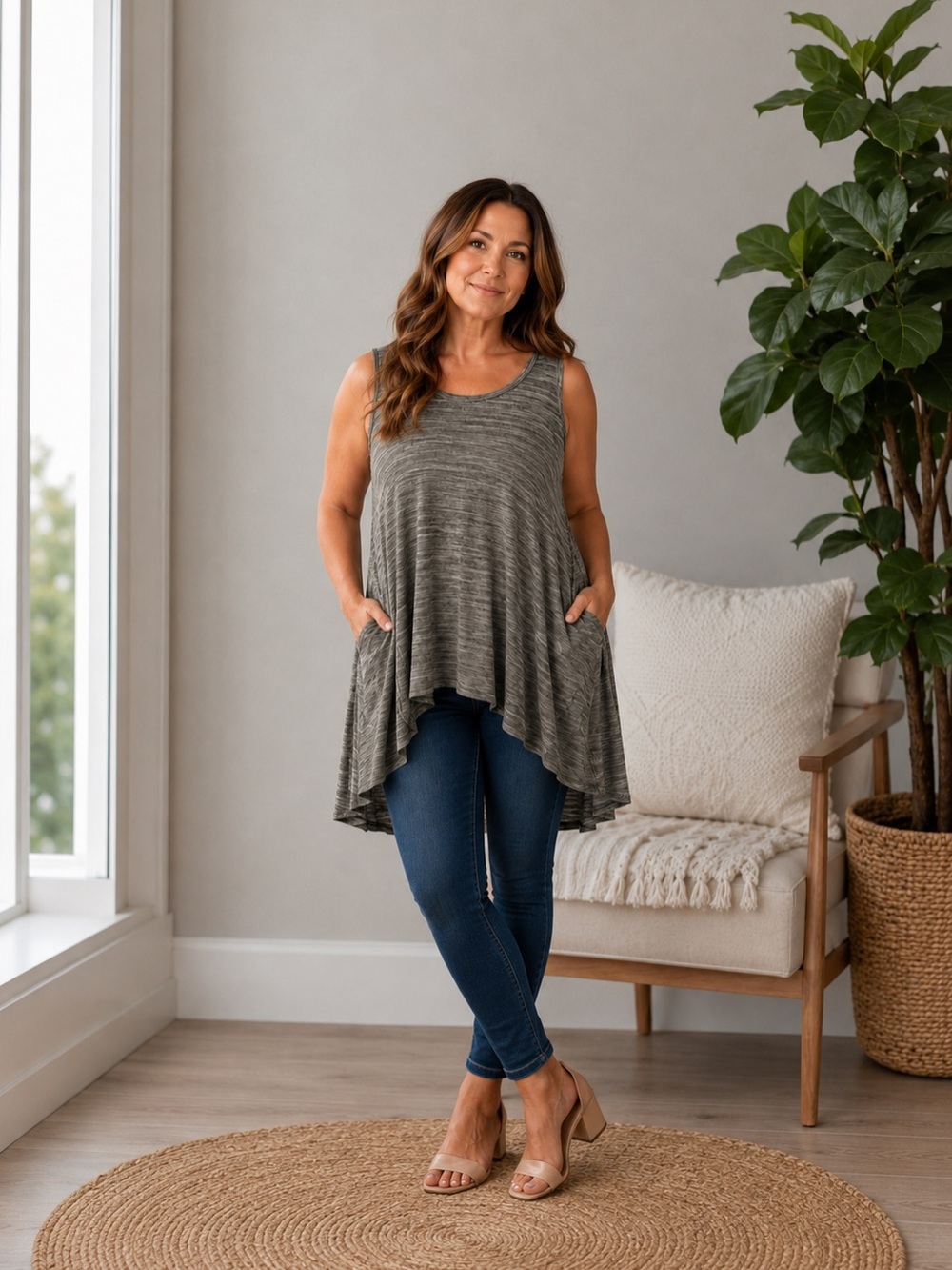 LOGO Tunic Top Lori Goldstein Sleeveless Hi-Low Pockets Heathered Sage Green 1X